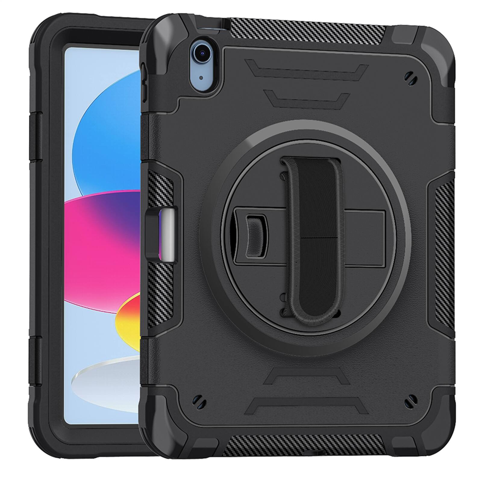 Angle. Dteck - Shockproof Case for Apple iPad (10th Generation) 10.9" 2022 with Shoulder Hand Strap, Rugged Cover with Rotating Stand - Black.