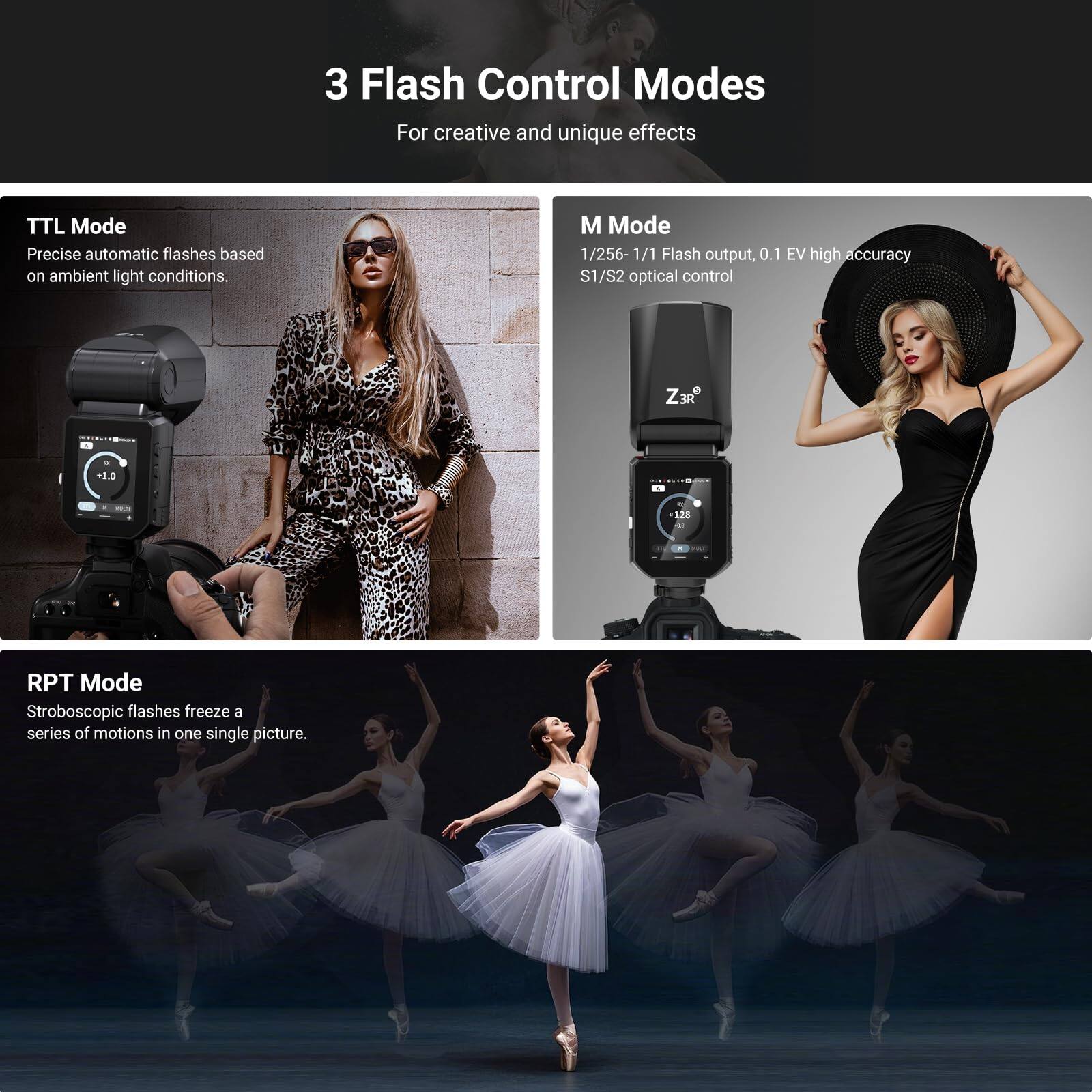 3 Flash Control Modes  
For creative and unique effects

TTL Mode  
Precise automatic flashes based on ambient light conditions.

M Mode  
1/256 - 1/1 Flash output, 0.1 EV high accuracy  
S1/S2 optical control

RPT Mode  
Stroboscopic flashes freeze a series of motions in one single picture.