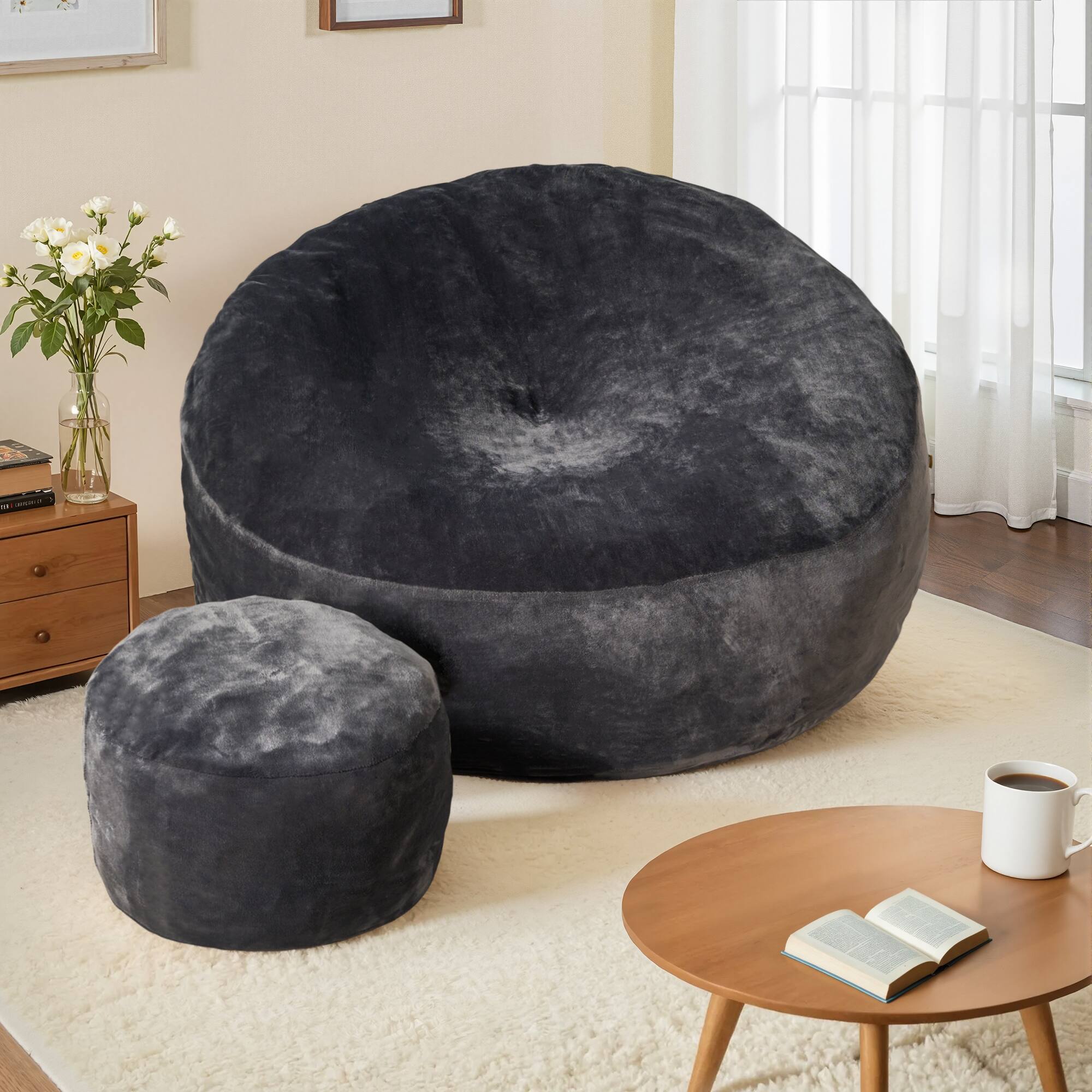 Ovios - 59" Big Bean Bag Chair with Velvet Cover and Ottoman for Living Room Bedroom - Dark Gray