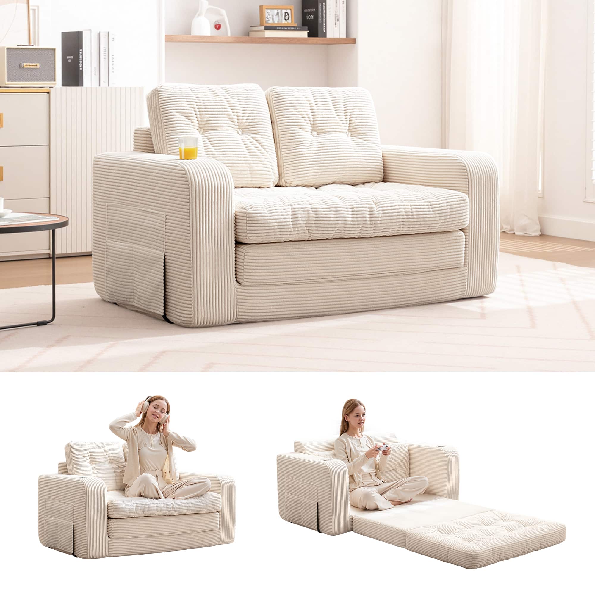 Brick Attic - 2 in 1 Folding Sofa Bed with Pillows, Pull Out Couch Loveseat Sleeper Bed with Cup Holder and Fixed-Shape Frame - Beige