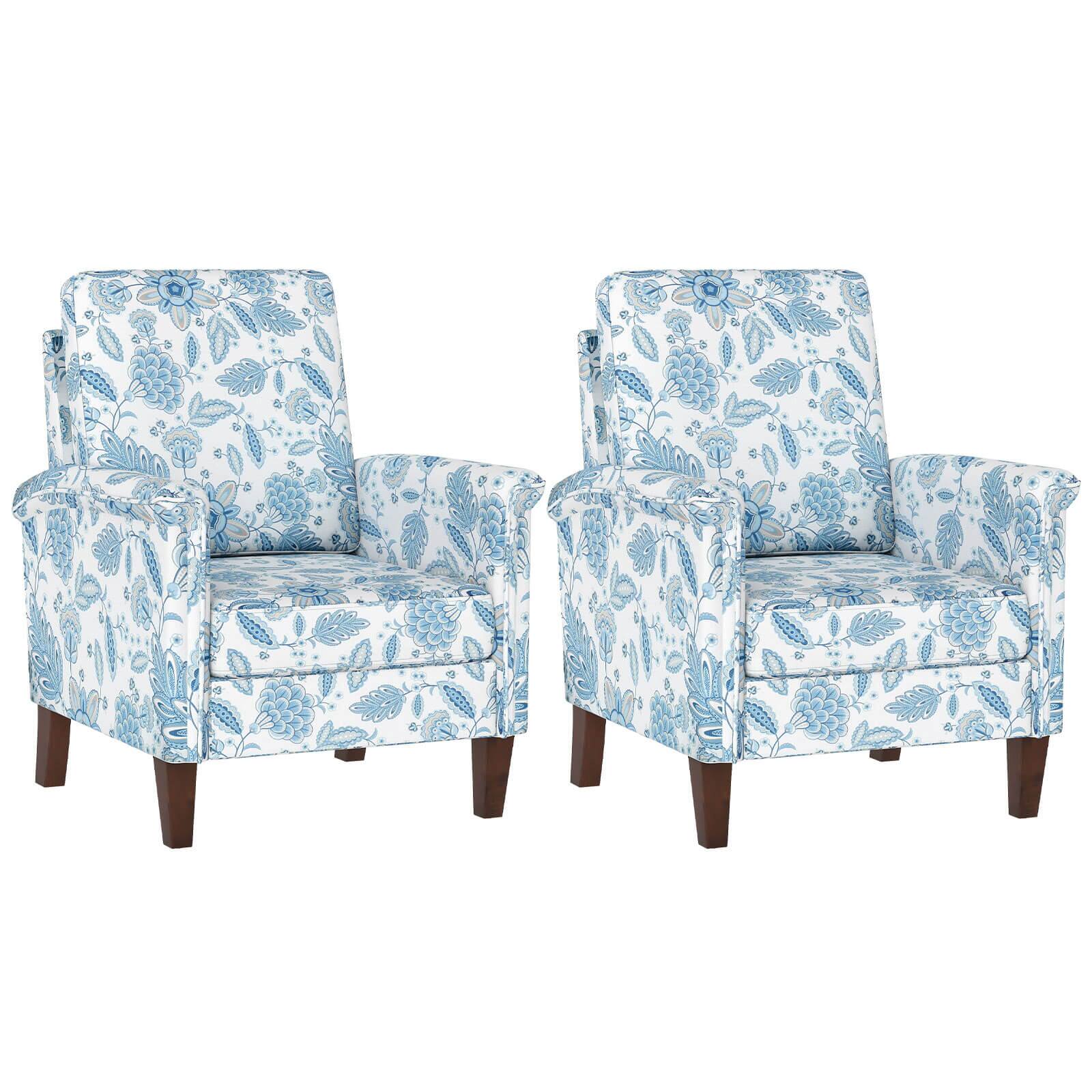 Costway - 2 PCS Floral Accent Chair with Solid Wood Legs & High Back Thick Comfy Cushions - Blue