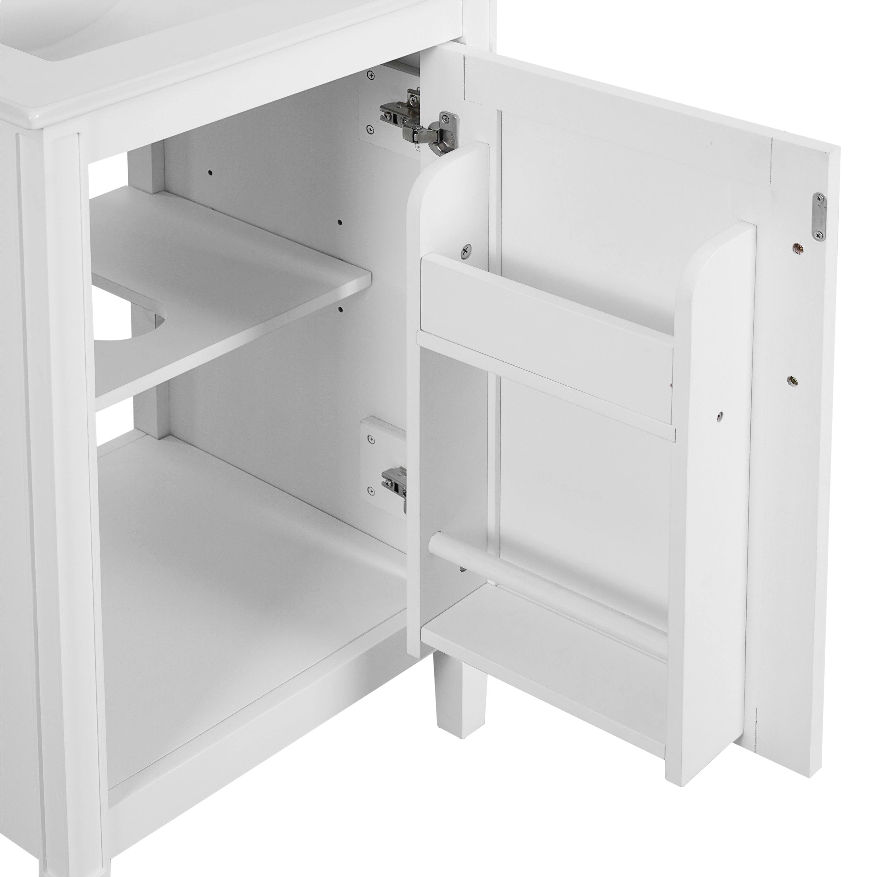 Back. Boyel Living - 20 Inch White Bathroom Vanity with Ceramic Sink Soft Close Door Adjustable U Shaped Shelf and Door Storage Rack - White.