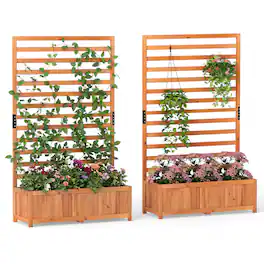 Gymax - 2 PCS Wooden Raised Garden Bed w/ Vertical Trellis Liner Drainage - Orange