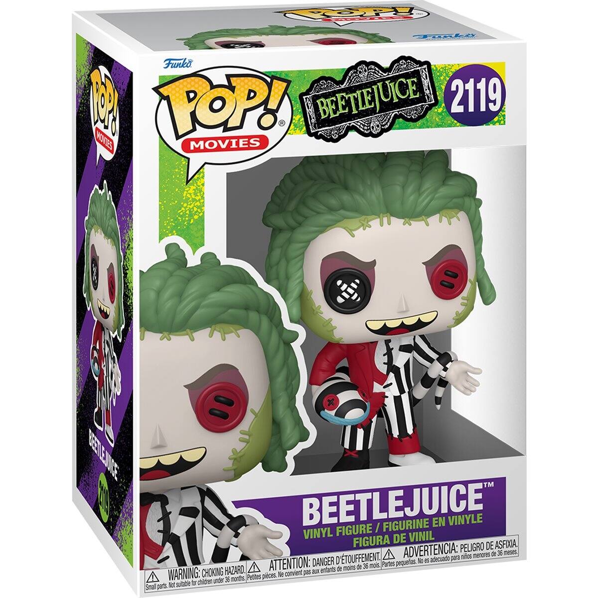 gold MOVIES  
Funko POP! BEETLEJUICE 2119 MOVIES  
BEETLEJUICE VINYL FIGURE / FIGURINE EN VINYLE FIGURA DE VINIL  
ADVERTENCIA: PELIGRO DE ASFIXIA, menores de 36 meses, D'TOUFFEMENT, adecuado para niños  
ATTENTION: DANGER Partes pequerias. No 5 de moins de 36 mois, WARNING: CHOKING HAZARD, convient pas aux enfants Small parts. Me under 36 months, Not suitable for children