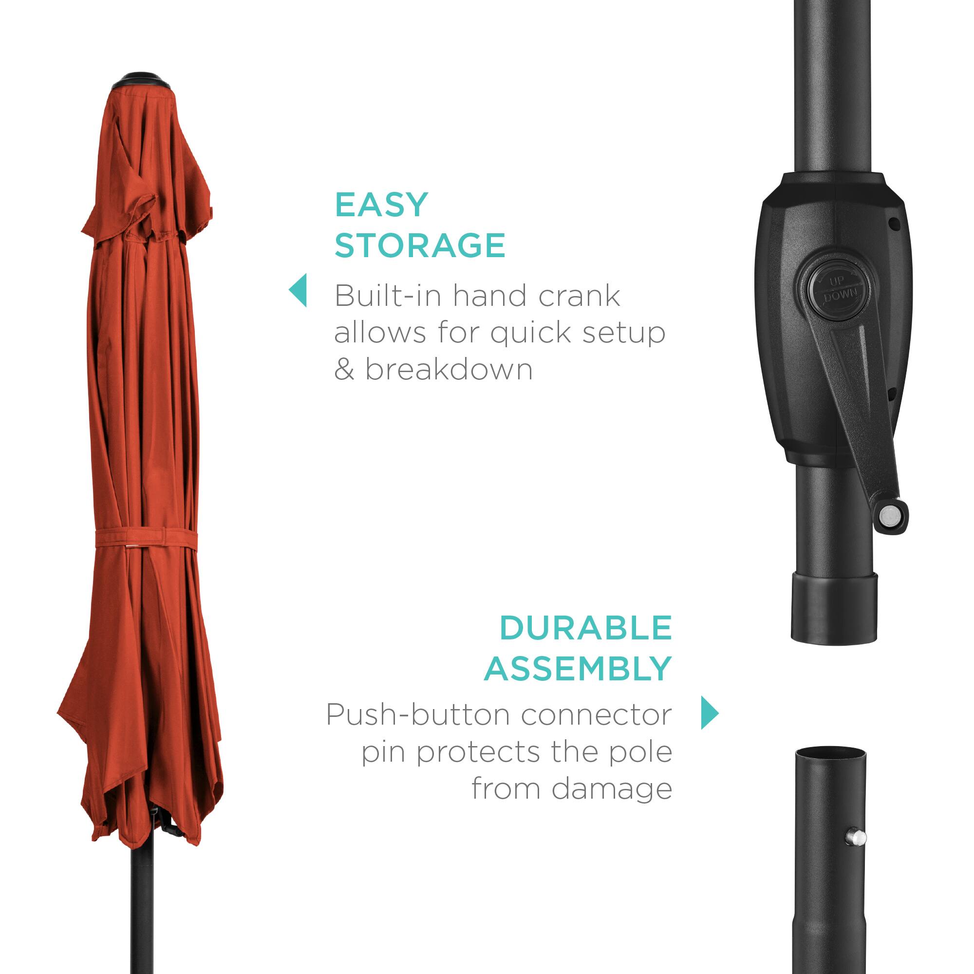 EASY STORAGE  
Built-in hand crank allows for quick setup & breakdown  

DURABLE ASSEMBLY  
Push-button connector pin protects the pole from damage