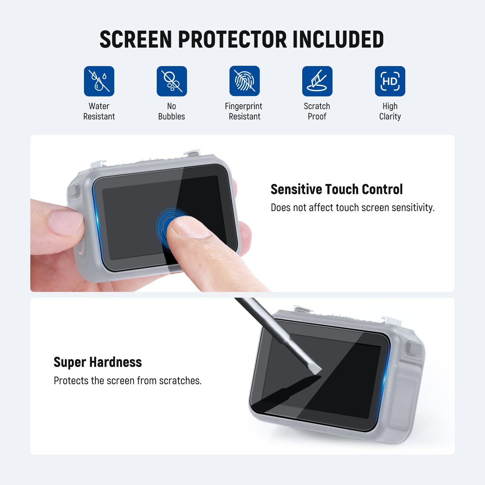SCREEN PROTECTOR INCLUDED

- HD
- Water Resistant
- No Bubbles
- Fingerprint Resistant
- Scratch Proof
- High Clarity

Sensitive Touch Control  
Does not affect touch screen sensitivity.

Super Hardness  
Protects the screen from scratches.