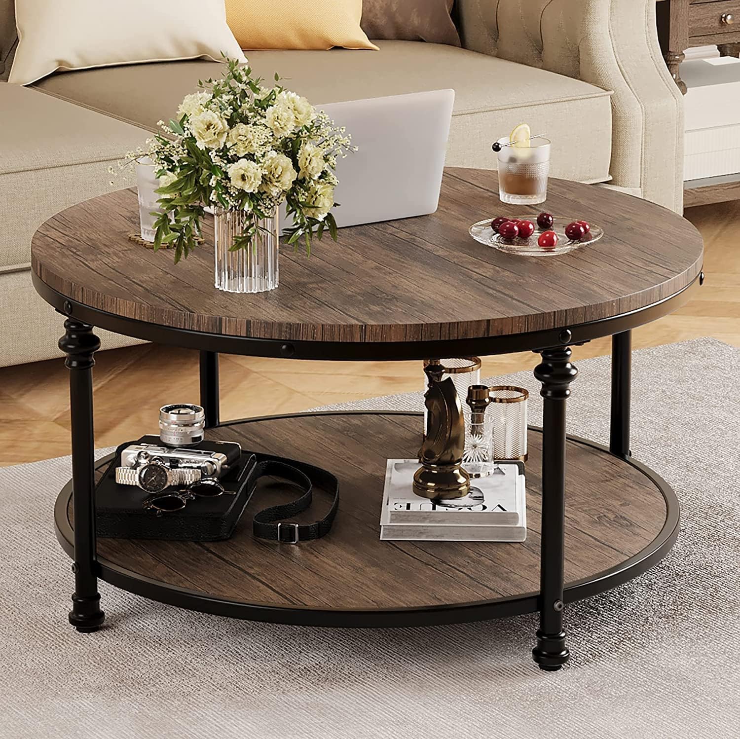 Jojoka - 34 inch Round Coffee Table 2-Tier Wood Coffee Table with Storage Shelf Circle Center Table - Brown