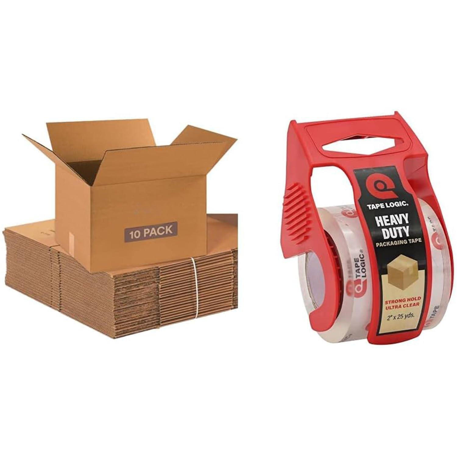 HM 1810 - BOX USA Moving Boxes L x W x H 10 Pack Corrugated Cardboard Box Shipping Mailing Packing - Medium 10-Pack w/Tape Dispenser