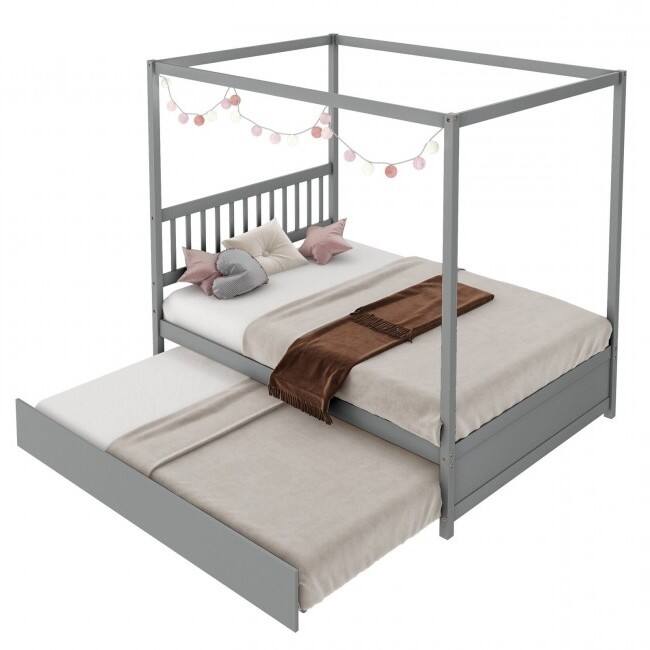 Angle. Hivvago - Gray Full Size Canopy Platform Bed with Twin Roller Trundle Bed - Grey.