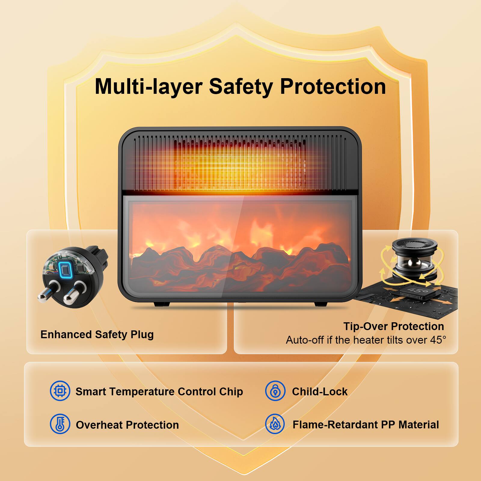 Multi-layer Safety Protection

- Enhanced Safety Plug
- Tip-Over Protection
  - Auto-off if the heater tilts over 45°
- Smart Temperature Control Chip
- Overheat Protection
- Child-Lock
- Flame-Retardant PP Material