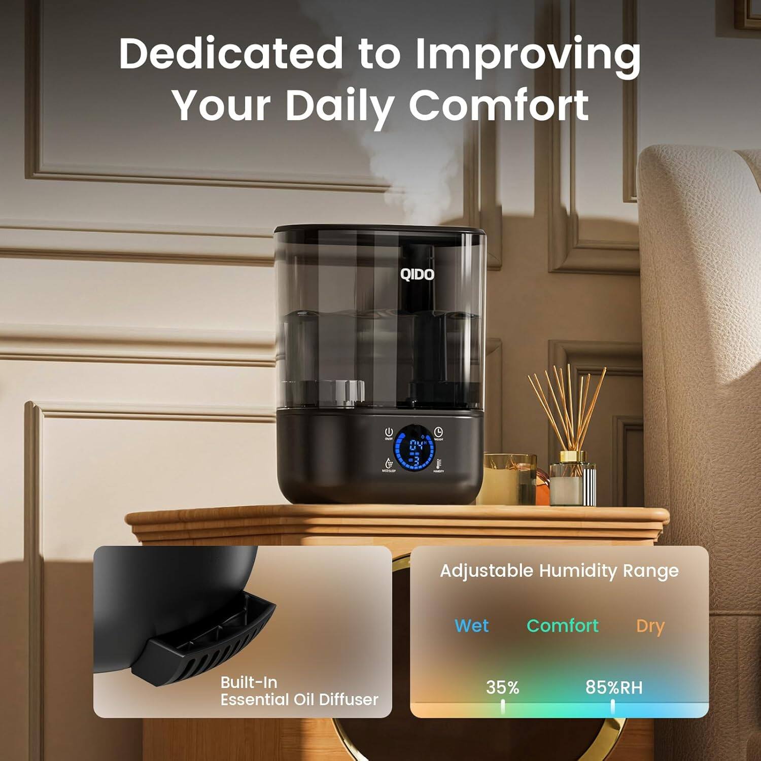 Dedicated to Improving Your Daily Comfort

QIDO Uni Adjustable Humidity Range
Built-In Essential Oil Diffuser
35% - 85%RH