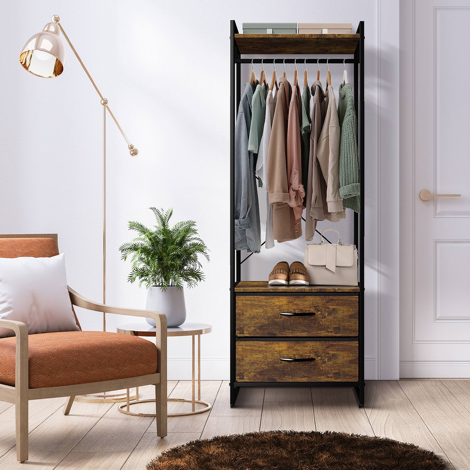 Alt View 1. Sorbus - Sorbus Premium Cothing Rack with Drawers - Heavy Duty Wardrobe Closet with Metal Frame & Wooden Top - 70Inch Tall - Rustic.