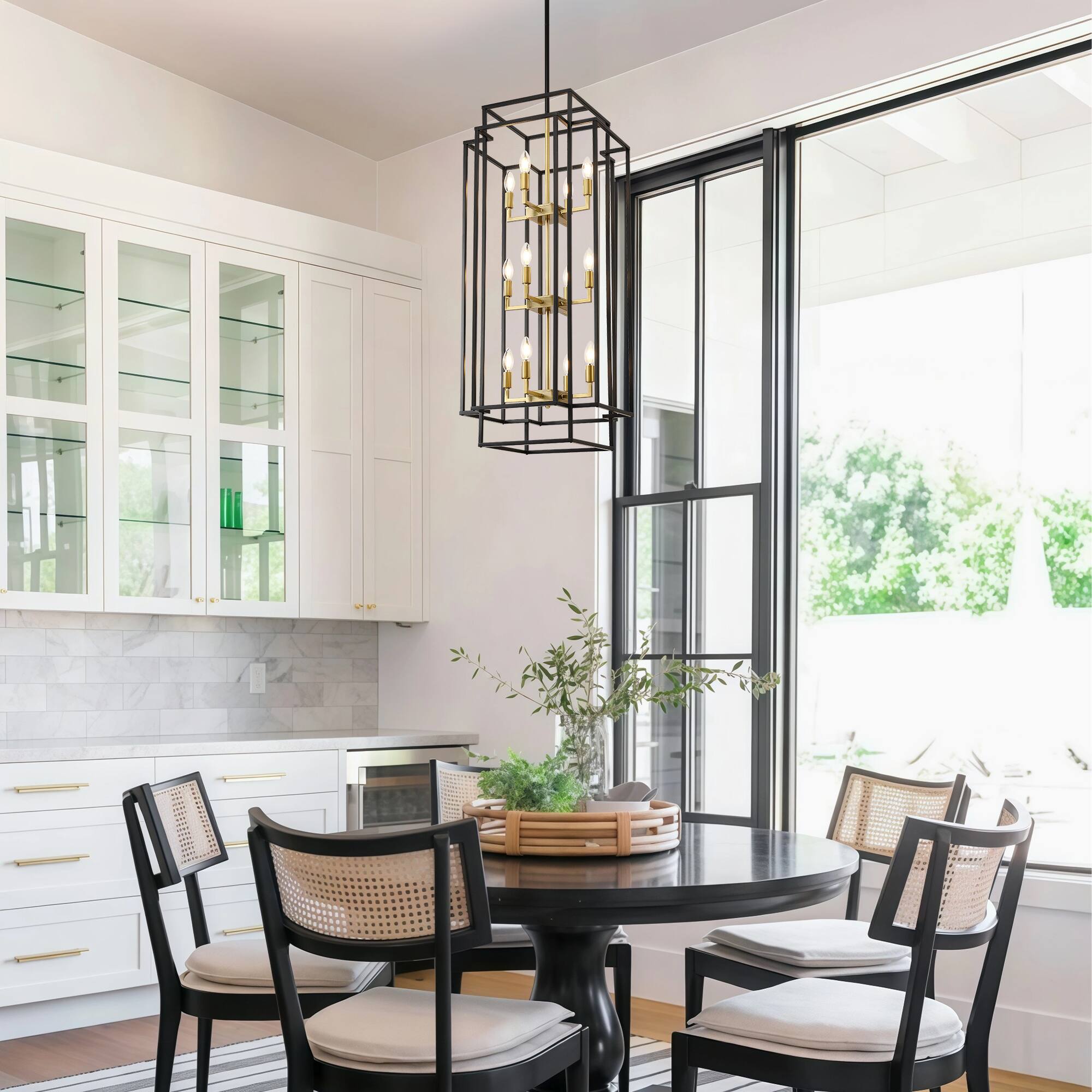 Left. RYHNUYNE - 12-Light Lantern Tiered Pendant Light Fixtures,Black Farmhouse Chandelier for Kitchen Island,Dining Room Light Fixture O - Black.