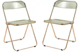 LeisureMod - Lawrence 2-PCS Clear Accent Chair, Folding Acrylic Design with Gold Chrome Frame, Portable Assembled Seating - Amber
