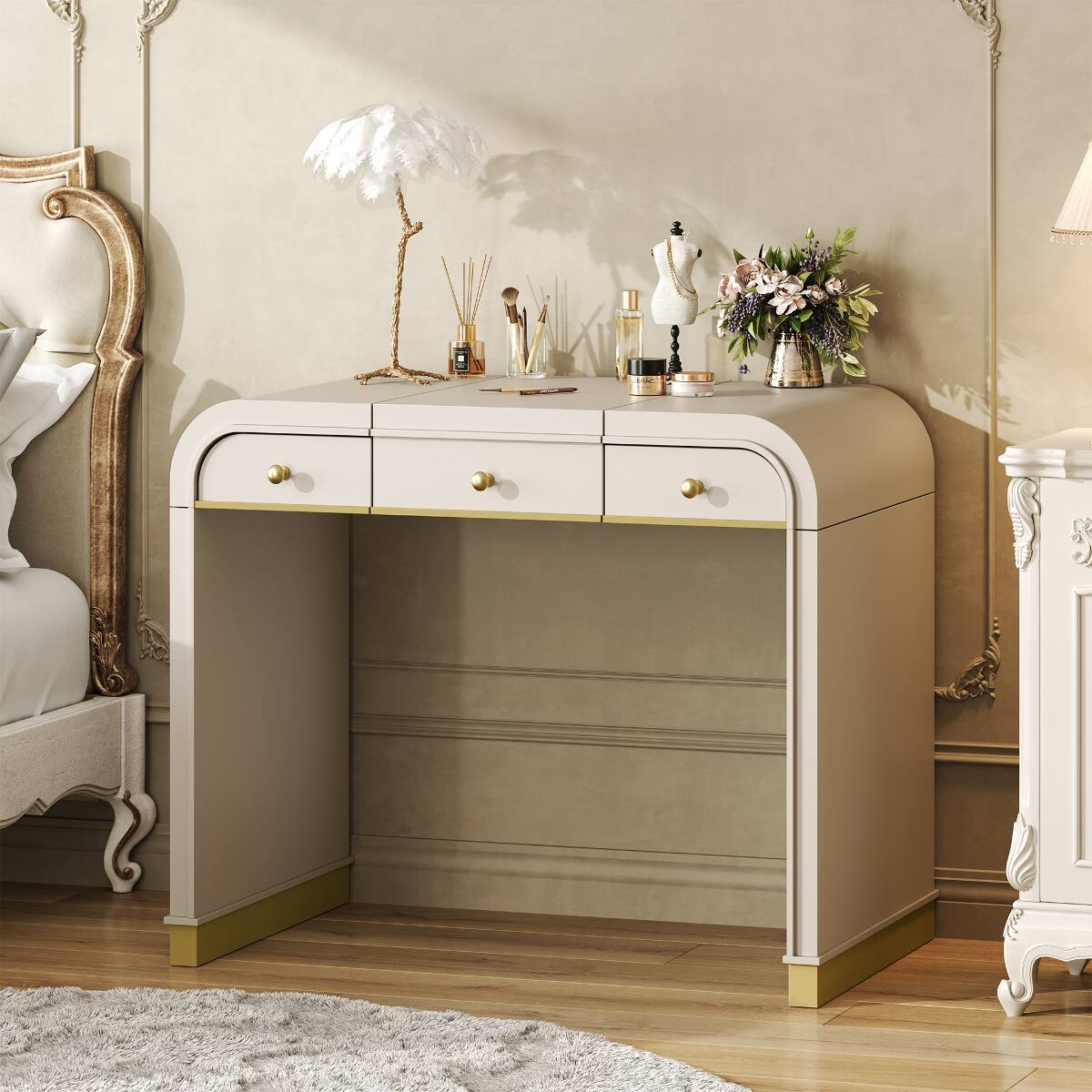 Left. Loheer - Loheer Vanity Desk with Flip-Up Mirror 3-in-1 Champagne Finish with Two Drawers - Champagne.
