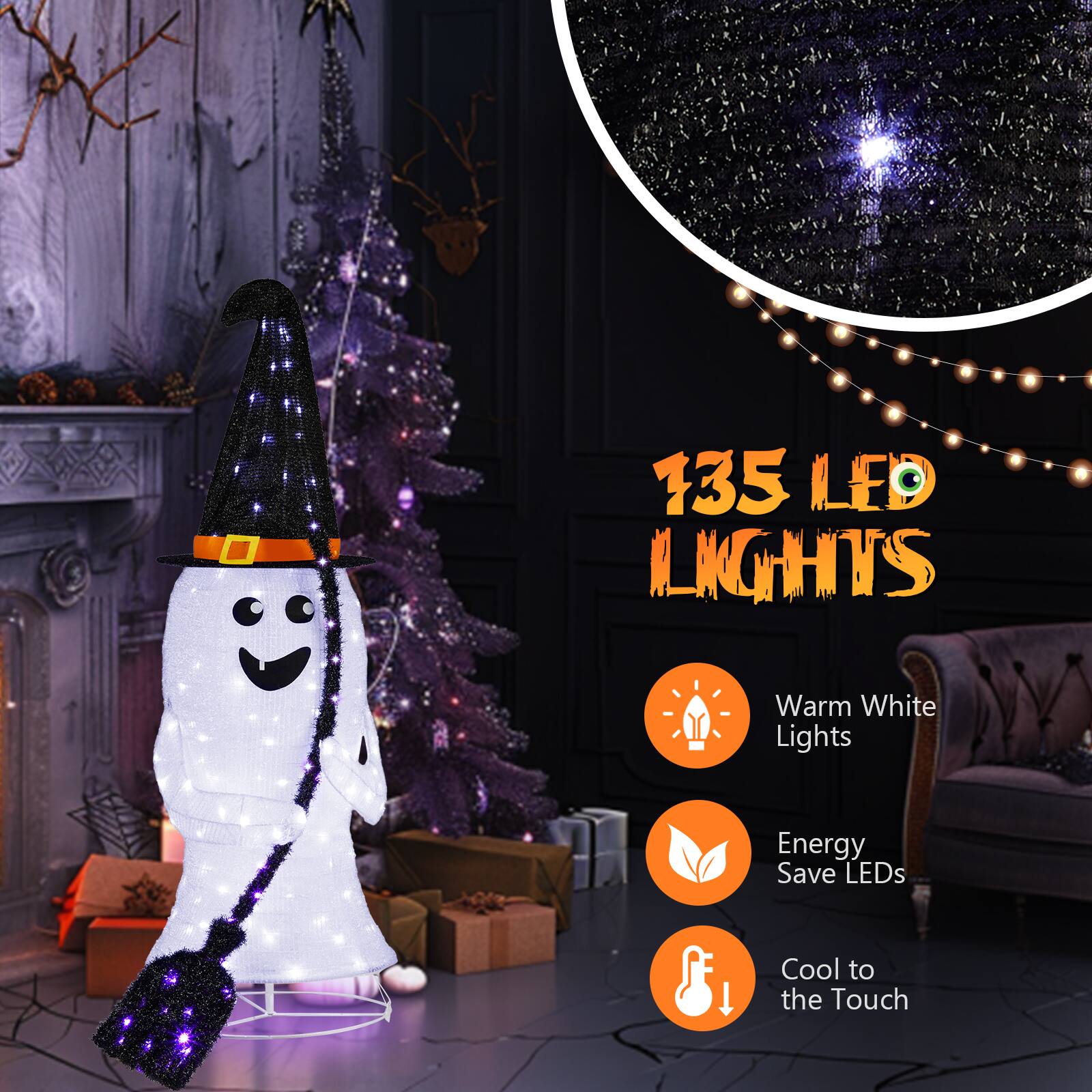 135 LED Lights  
Warm White Lights  
Energy Save LEDs  
Cool to the Touch