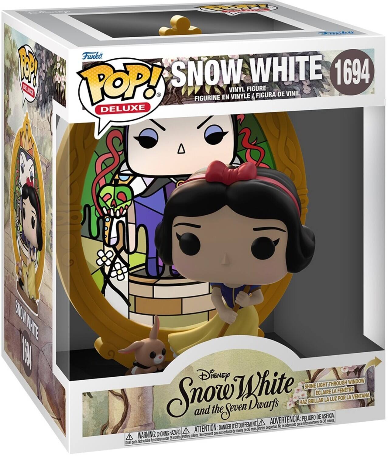 POP! Deluxe  
Snow White 1694  
Vinyl Figure / Figurine en Vinyle / Figura de Vinil  

Disney Snow White and the Seven Dwarfs  

Shine Light Through Window  
Éclaire la Fenêtre  
Haz Brillar la Luz por la Ventana  

Warning: Choking Hazard  
Attention: Danger d'Étouffement  
Advertencia: Peligro de Asfixia  

Not suitable for children under 3 years  
No convient para ades menores de 3 meses  
Pequeños partes no son seguros para niños menores de 3 años