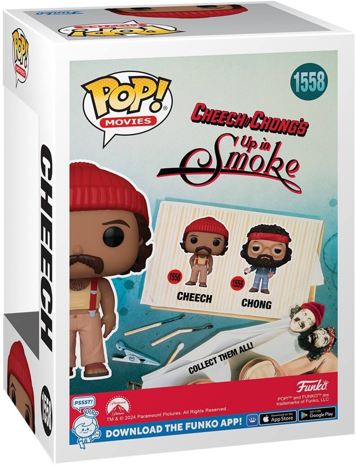 POP! MOVIES, CHEECH & CHONG'S Up in Smoke, 1558, 1559, COLLECT THEM ALL!, FUNKO, TM & 2024 Paramount Pictures, All Rights Reserved., FUNKO APP!, DOWNLOAD THE, POP! and FUNKO are trademarks of Funko, LLC, PSSST!, App Store, Google Play