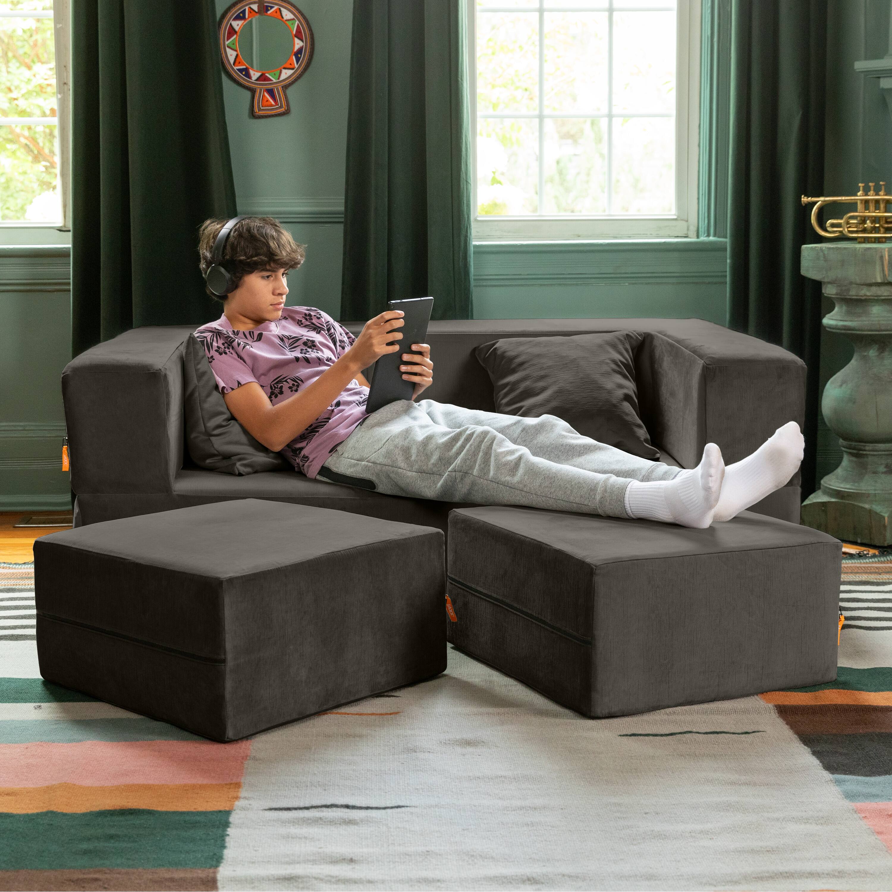 Alt View 3. Jaxx - Jaxx Zipline Convertible Sleeper Loveseat & Ottomans, Textured Microvelvet - Charcoal - Charcoal.