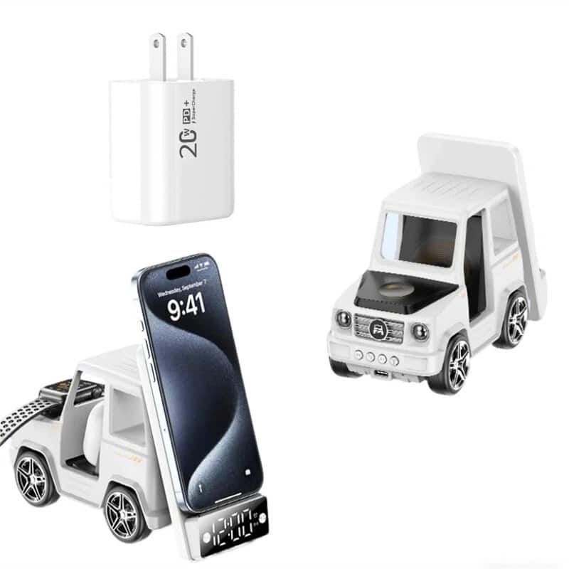 RISOKEYS - Car-Shaped Alarm Clock Speaker Wireless Charger with Charging Port - 3-in-1 Charging Stand for Phone,Earphones and Watch - White