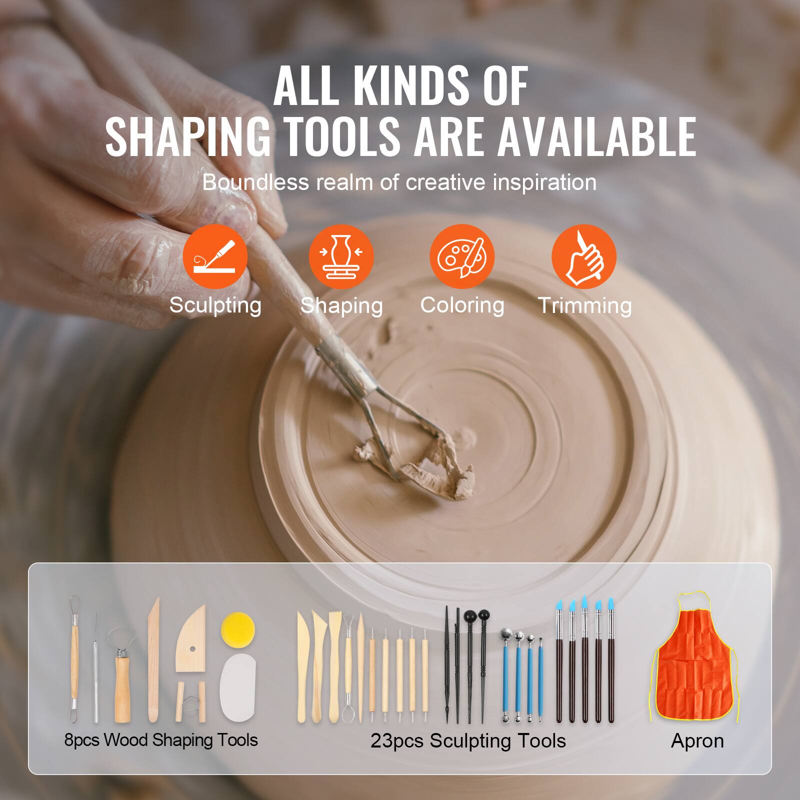 ALL KINDS OF SHAPING TOOLS ARE AVAILABLE
Boundless realm of creative inspiration
Sculpting, Shaping, Coloring, Trimming
8pcs Wood Shaping Tools
23pcs Sculpting Tools
Apron