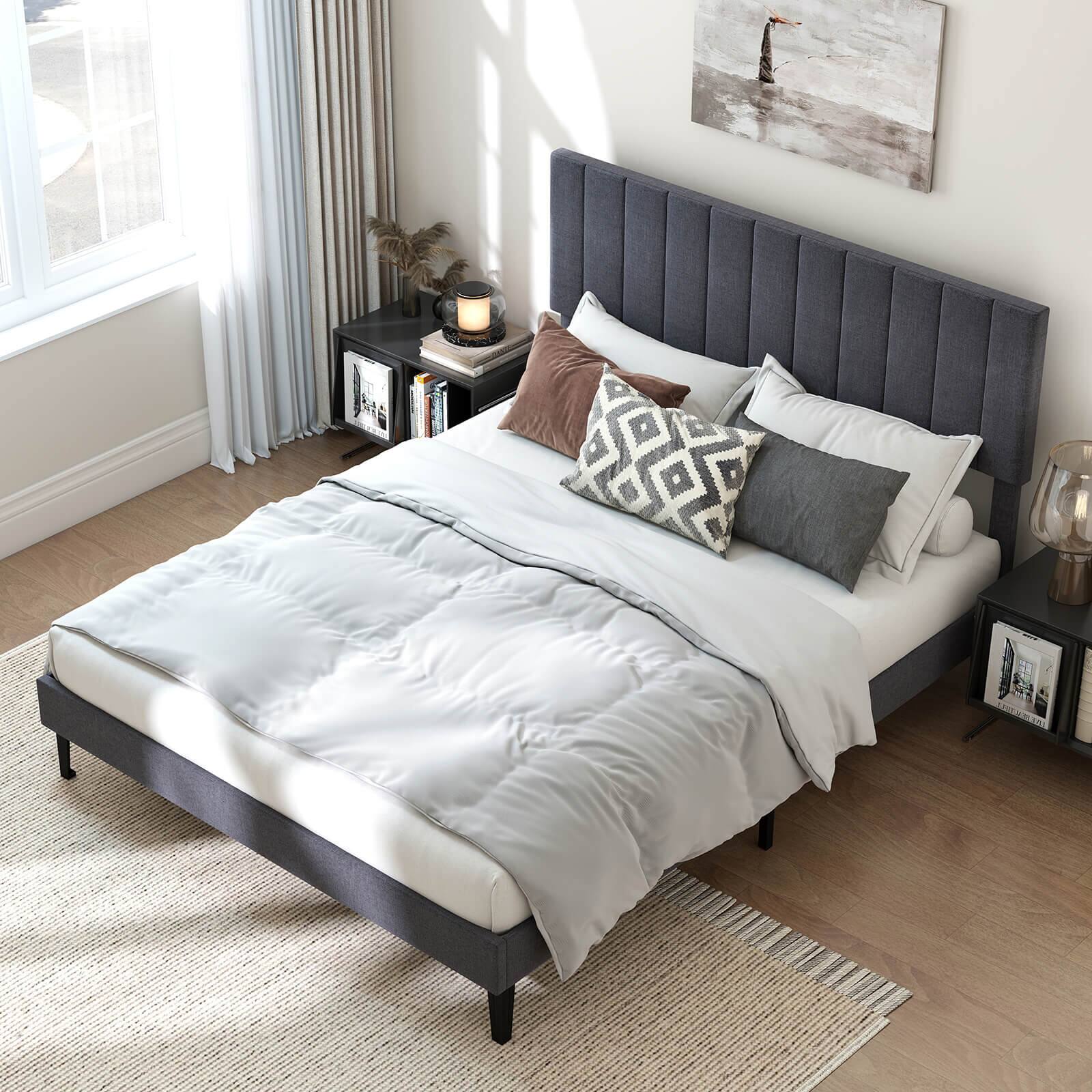 Alt View 4. Costway - Costway Queen Size Bed Frame with Height Adjustable Vertical Channel Headboard, Noise Free - Gray.