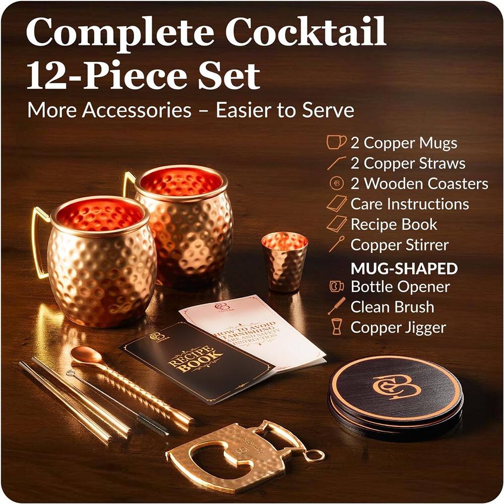 Complete Cocktail 12-Piece Set  
More Accessories - Easier to Serve  

- 2 Copper Mugs  
- 2 Copper Straws  
- 2 Wooden Coasters  
- Care Instructions  
- Recipe Book  
- Copper Stirrer  
- MUG-SHAPED Bottle Opener  
- Clean Brush  
- Copper Jigger