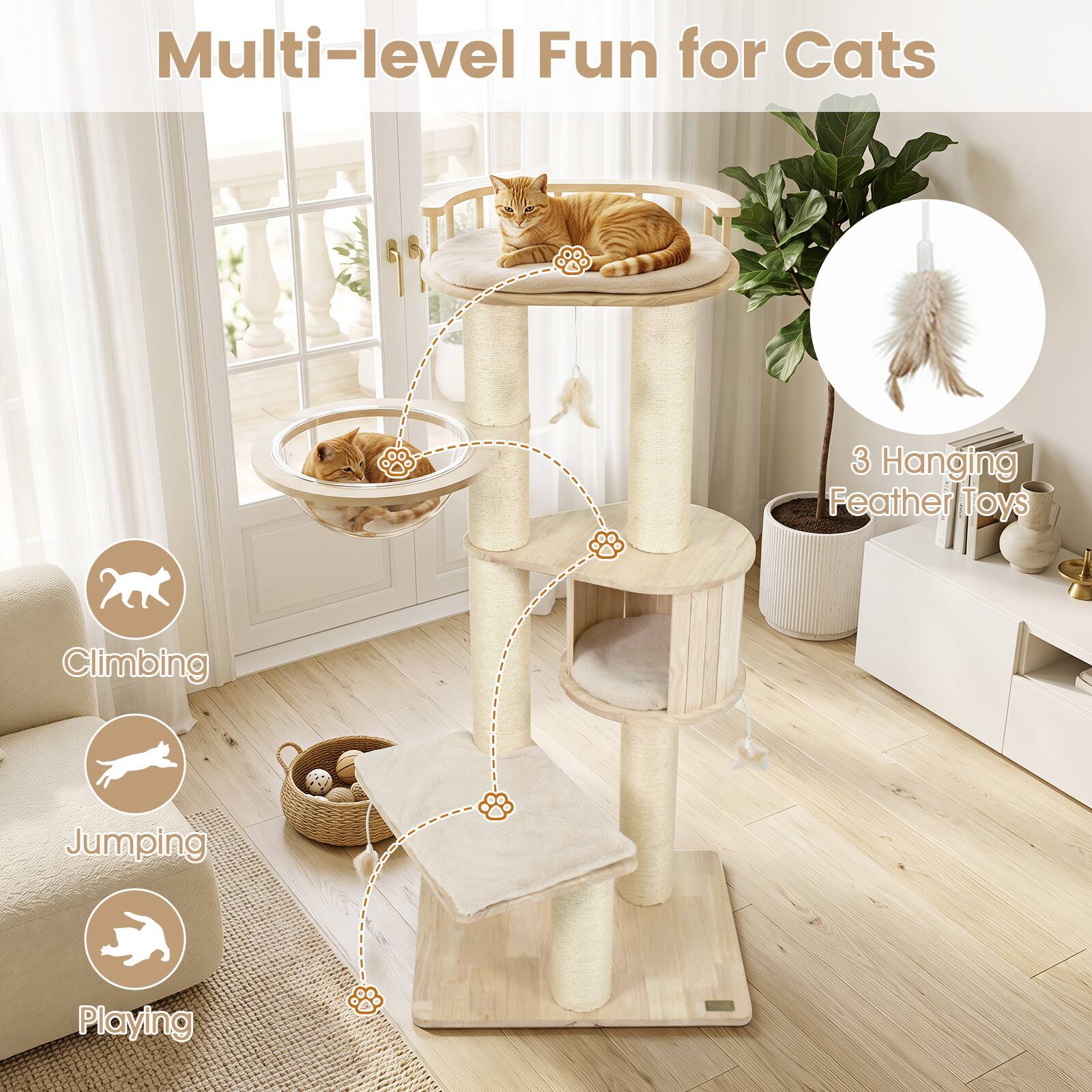 Multi-level Fun for Cats

3 Hanging Feather Toys

Climbing

Jumping

Playing