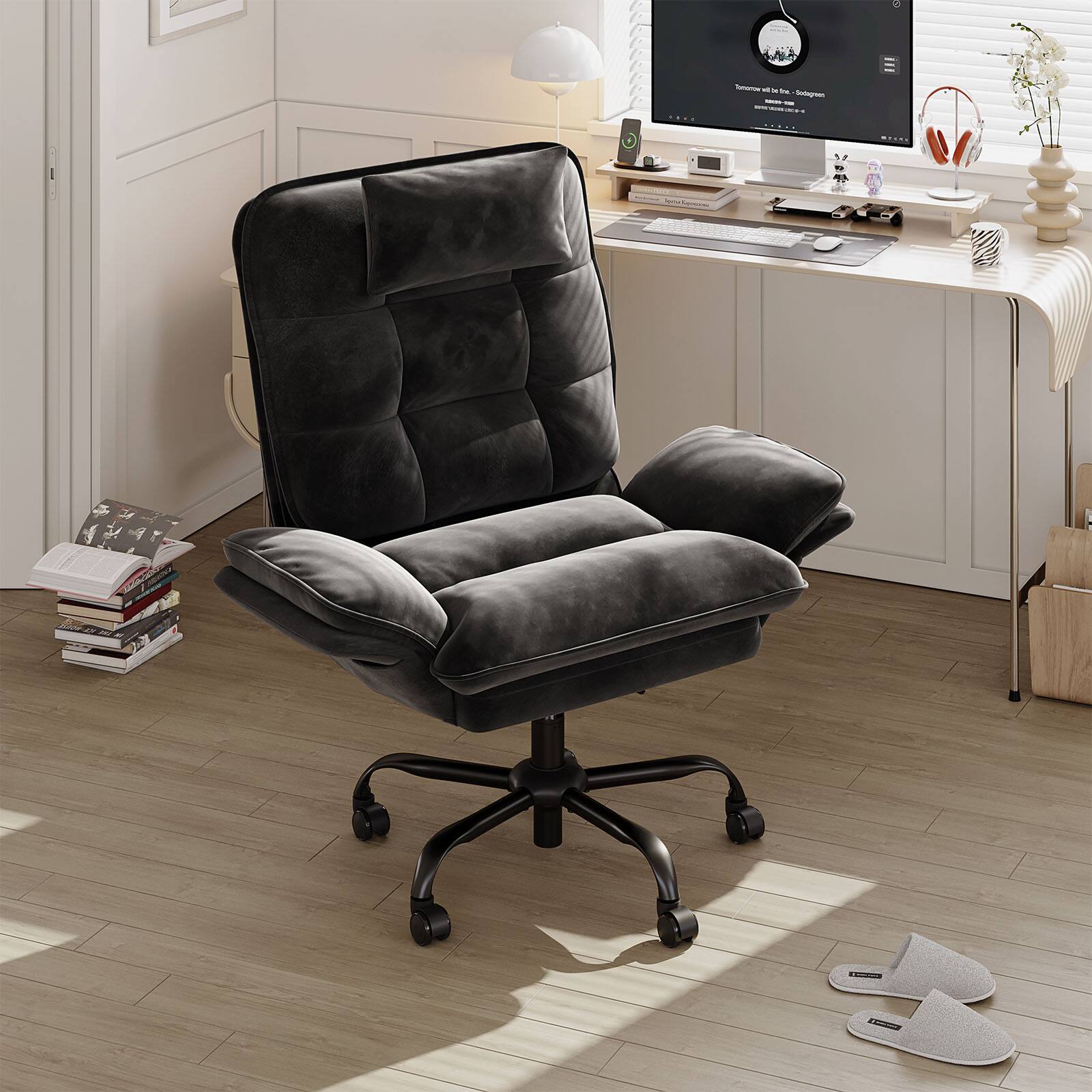 Back. Bestier - Home Office Desk Chair with Ergonomic Headrest & Velvet Upholstery - Black.