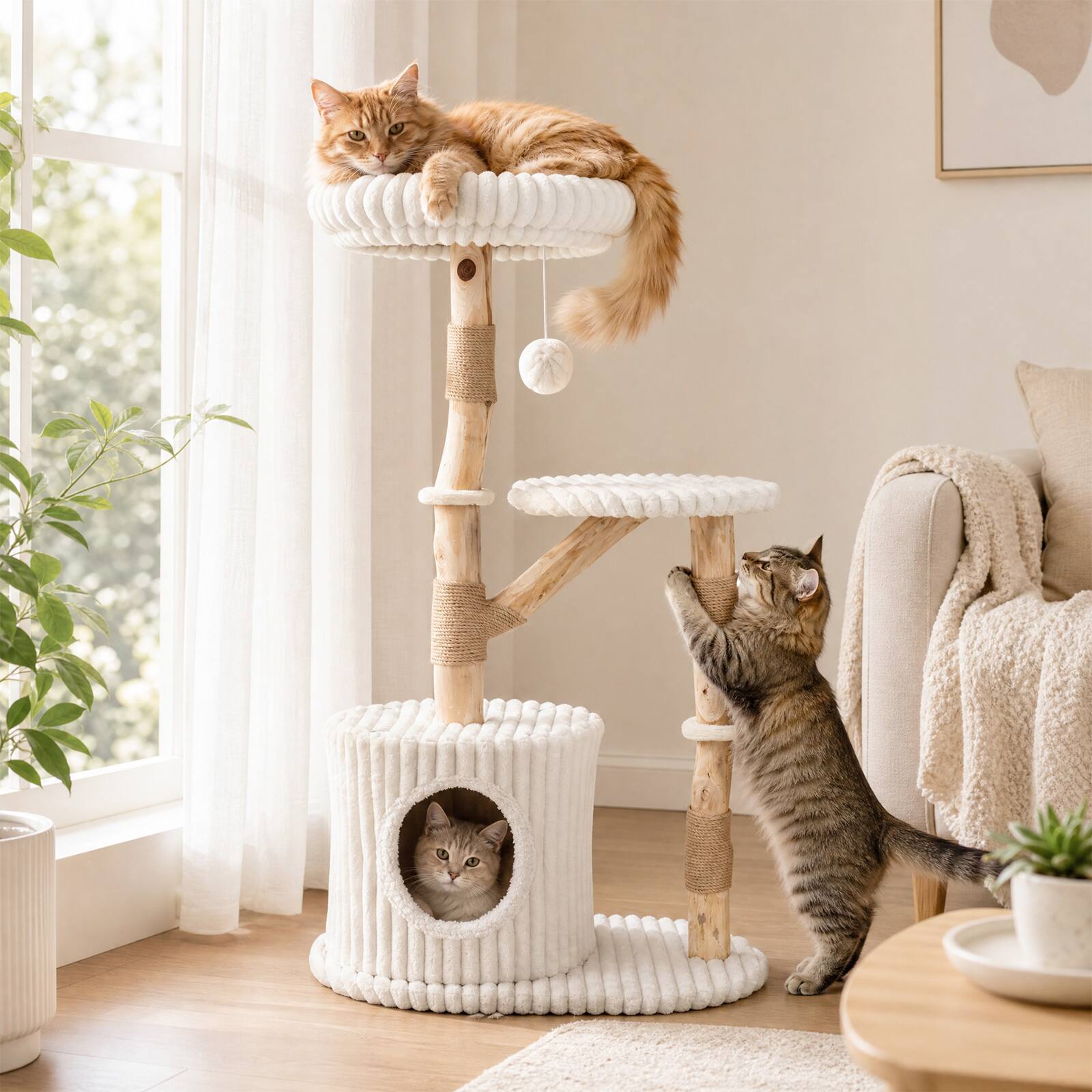 Alt View 3. Gymax - Gymax 41 Inch Tall Modern Cat Tower w/Real Wood BranchesScratching PostsCozy Bed Beige - Beige.