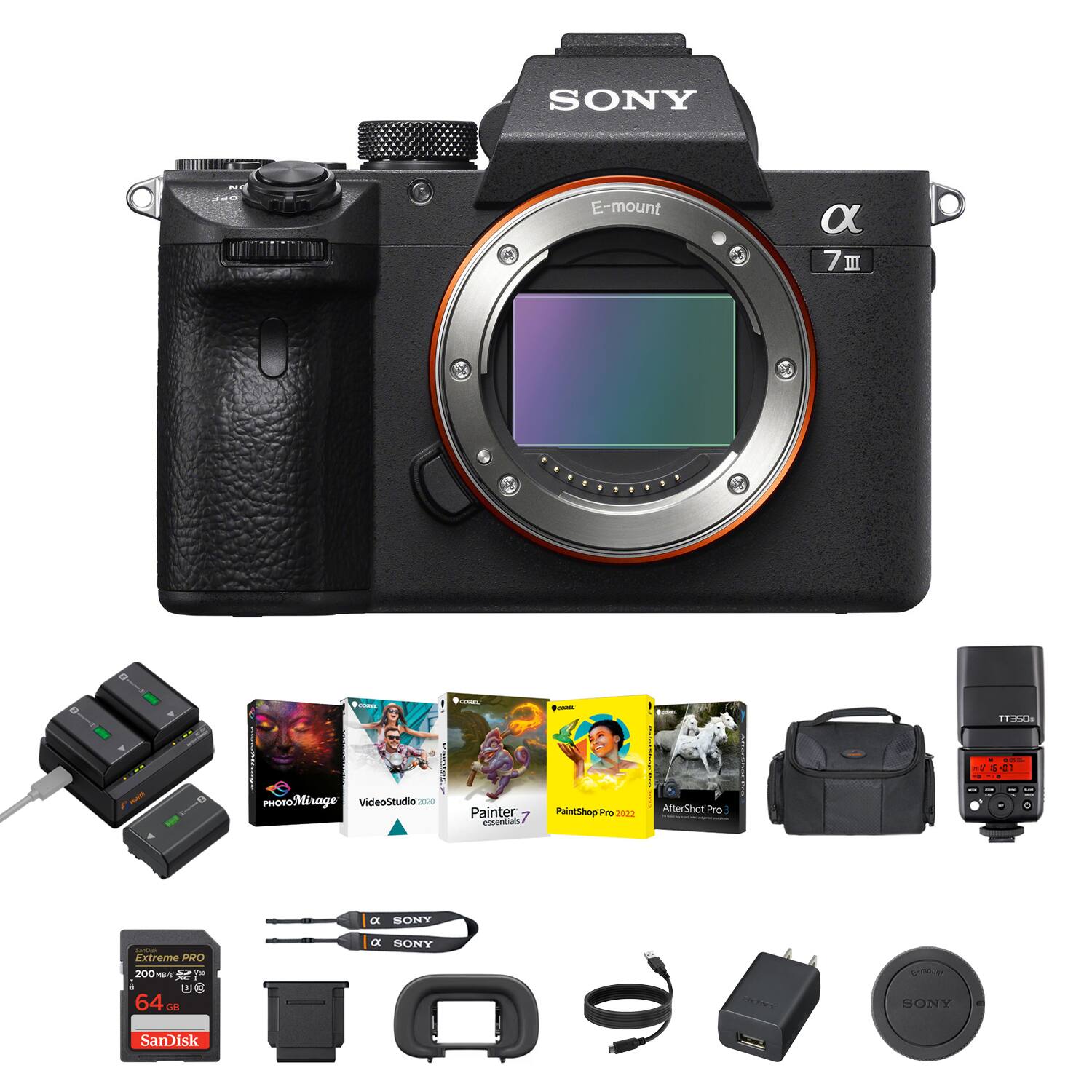 SONY E-mount α7 III

- PHOTO MIROGE
- VideoStudio 2020
- Painter essentials 7
- PaintShop Pro 2022
- AfterShot Pro
- Extreme PRO 200MB/s 64GB SanDisk
- SONY
- SONY
- SONY