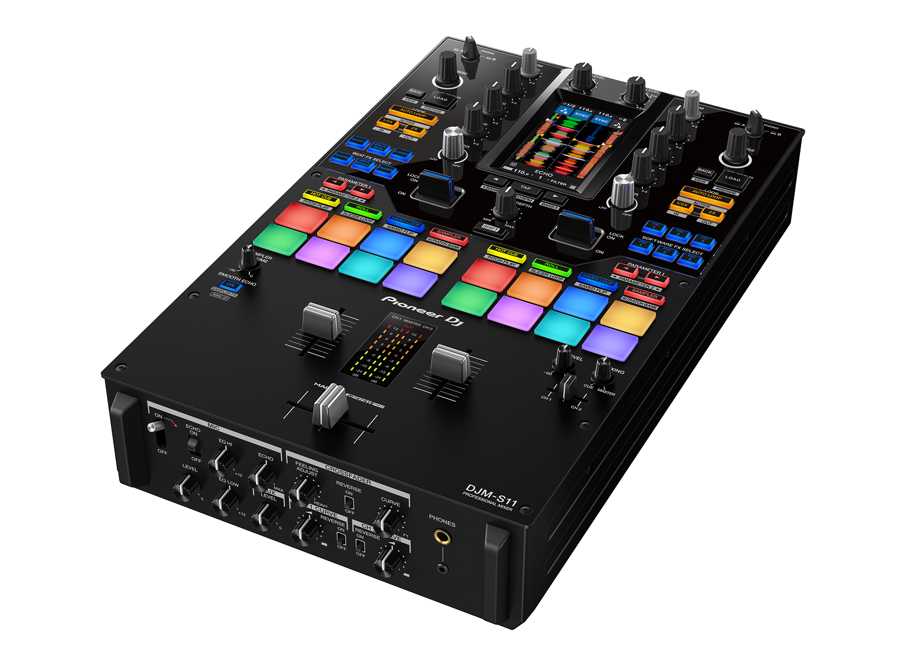 Sure, here is the corrected and grouped text from the image:

---

**Pioneer DJ**

**DJM-S11**

**ECHO**

- OFF
- LEVEL
- ECHO HI
- ECHO LOW
- CURVE
- REVERSE
- PHONES

**CROSSFADER**

- REVERSE
- CURVE

**PARAMETER**

- PARAMETER SELECT
- PARAMETER
- LOAD
- AUTO
- BACK
- LOAD
- PARAMETER SELECT
- PARAMETER
- LOAD
- AUTO
- BACK

**FILTER**

- FILTER
- SMOOTH ECHO
- FILTER
- SMOOTH ECHO

**PUSH**

- PUSH

**PUSH**

- PUSH

**PUSH**

- PUSH

**PUSH**

- PUSH

**PUSH**

- PUSH

**PUSH**

- PUSH

**PUSH**

- PUSH

**PUSH**

- PUSH

**PUSH**

- PUSH

**PUSH**

- PUSH

**PUSH**

- PUSH

**PUSH**

- PUSH

**PUSH**

- PUSH

**PUSH**

- PUSH

**PUSH**

- PUSH

**PUSH**

- PUSH

**PUSH**

- PUSH

**