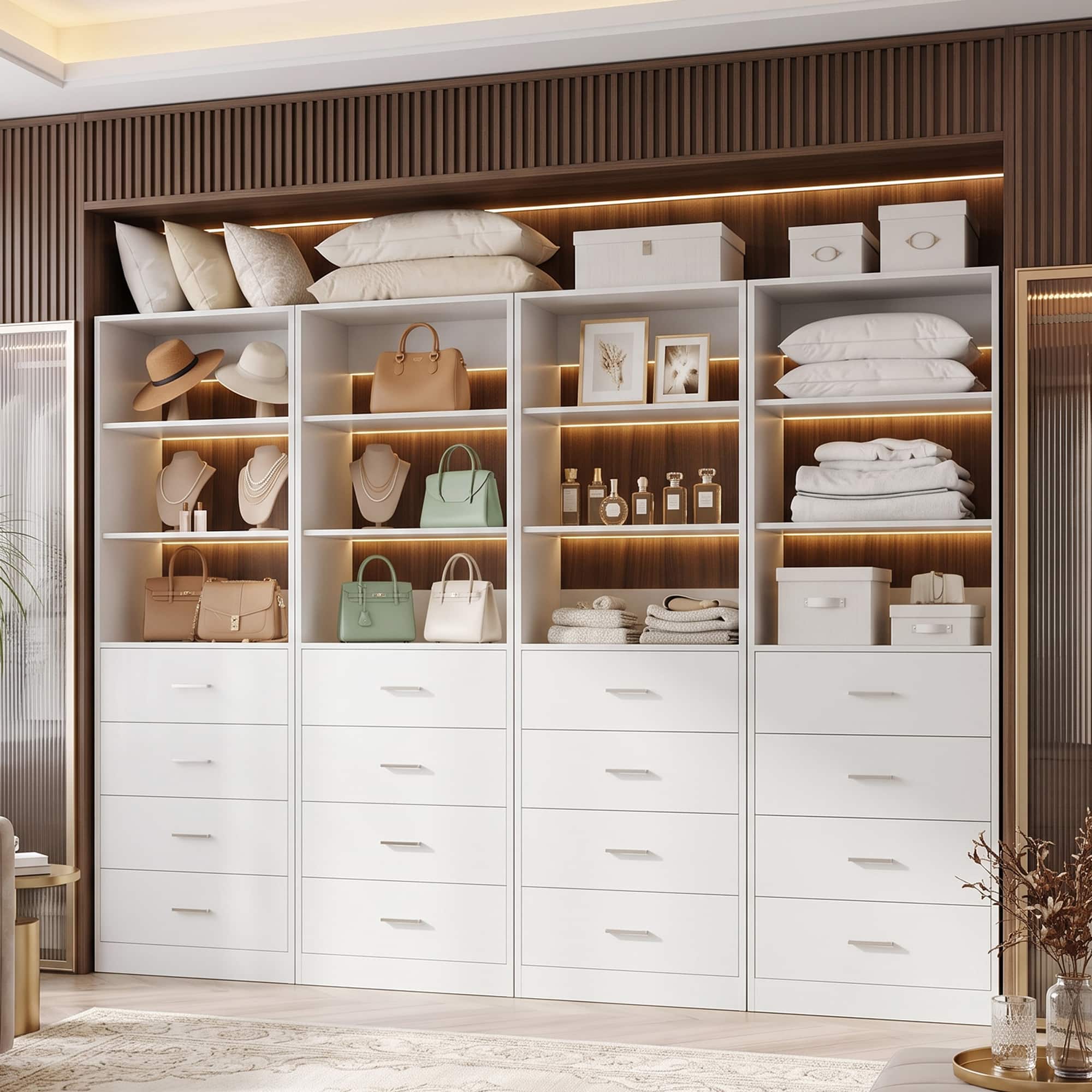 Front. Aheaplus - 7.1FT Freestanding Closet Organizer System 4-Piece Set, with 12 Wooden Drawers and 8 Shelves, Easy Assembly - White.