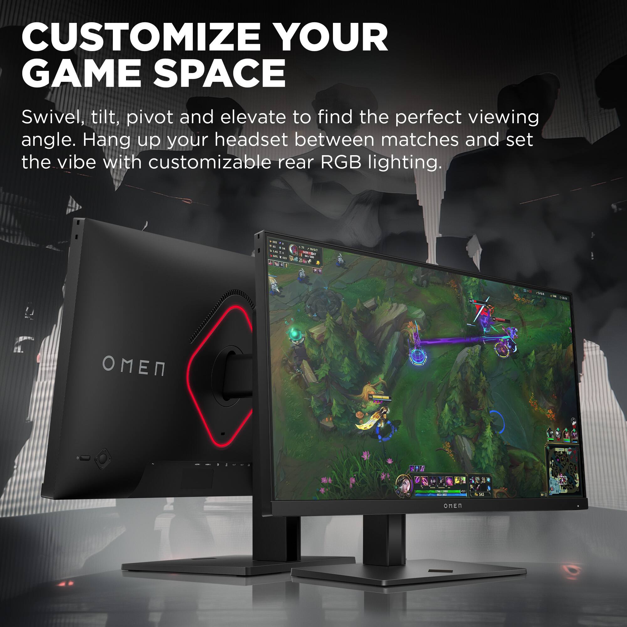 CUSTOMIZE YOUR GAME SPACE

Swivel, tilt, pivot and elevate to find the perfect viewing angle. Hang up your headset between matches and set the vibe with customizable rear RGB lighting.