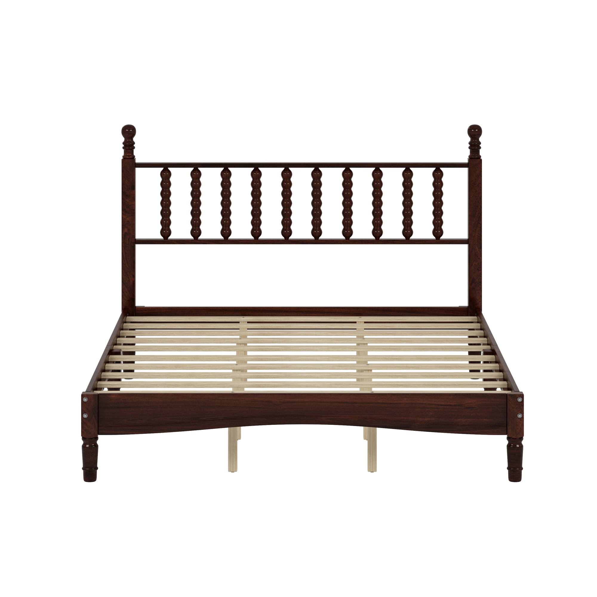 Alt View 1. GOODSILO - Queen Size Retro Wood Platform Bed with Gourd Shaped Headboard and Wooden Slat Support - Walnut.