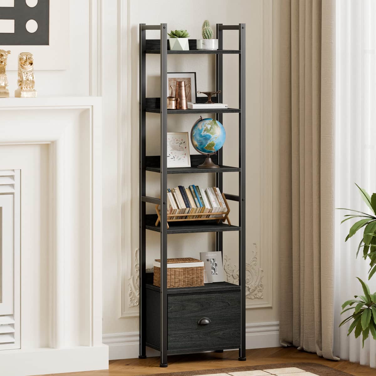 Furnulem - 6 Tier Industrial Storage Bookshelf with Fabric Drawer for Bedroom Living Room Home Office - Black