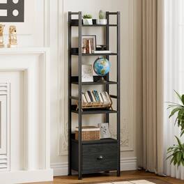 Furnulem - 6 Tier Industrial Storage Bookshelf with Fabric Drawer for Bedroom Living Room Home Office - Black