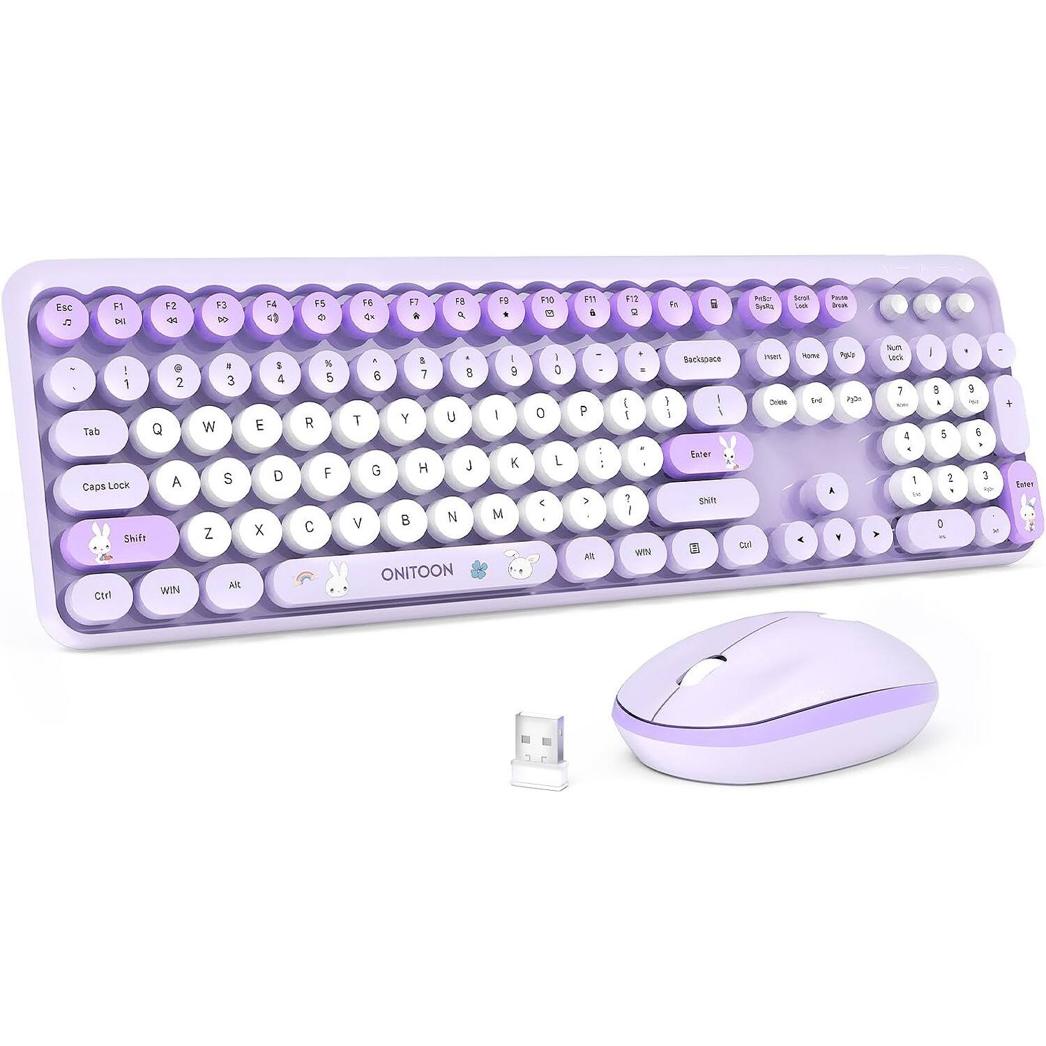 PARKER SLATER - Wireless keyboard and mouse combo with 2.4GHz connection, full-size retro design, quiet mouse, and bunny theme - Purple