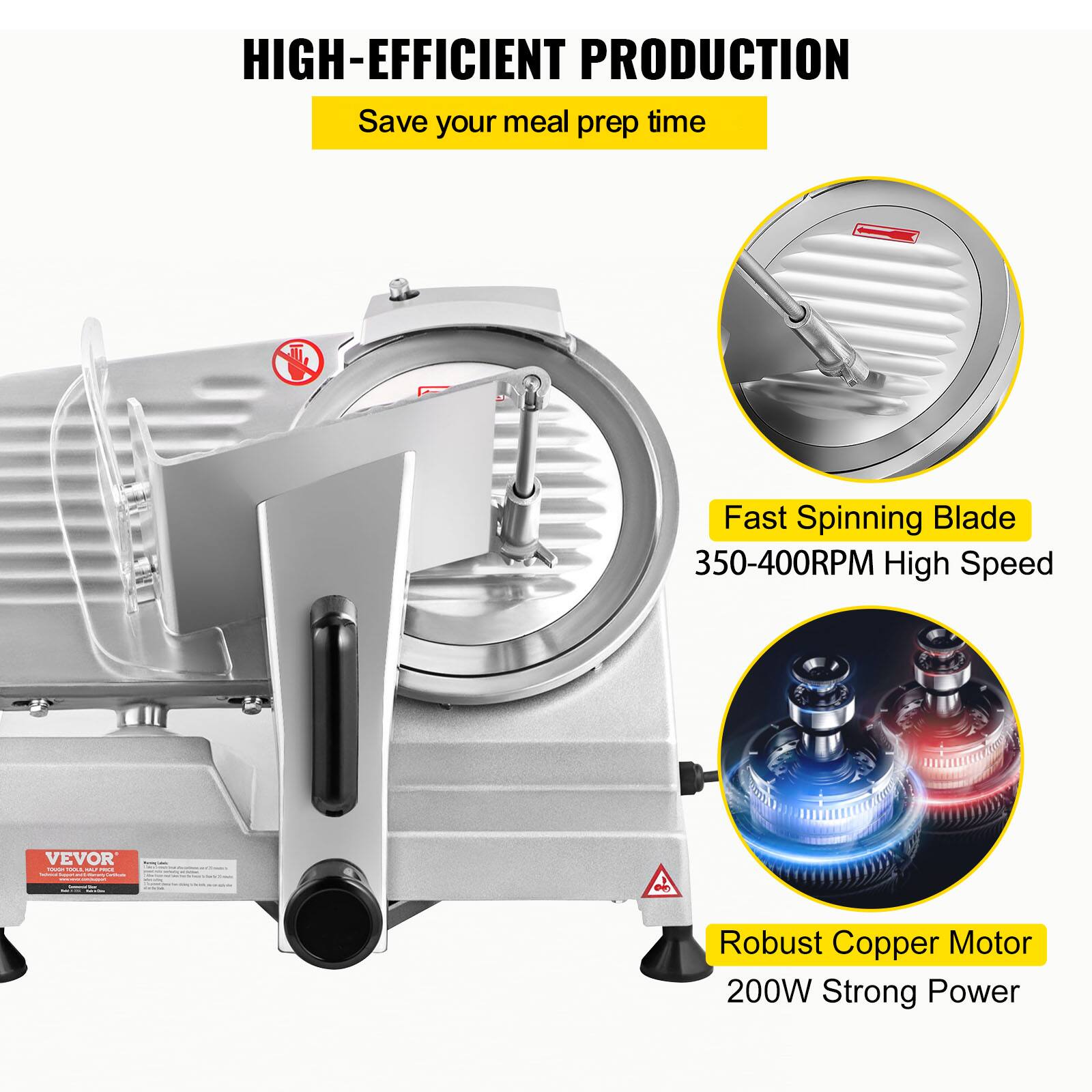 HIGH-EFFICIENT PRODUCTION  
Save your meal prep time  

Fast Spinning Blade  
350-400RPM High Speed  

Robust Copper Motor  
200W Strong Power