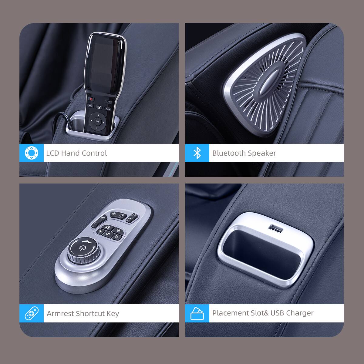 - a LN LCD Hand Control Bluetooth Speaker Armrest Shortcut Key Placement Slot& USB Charger