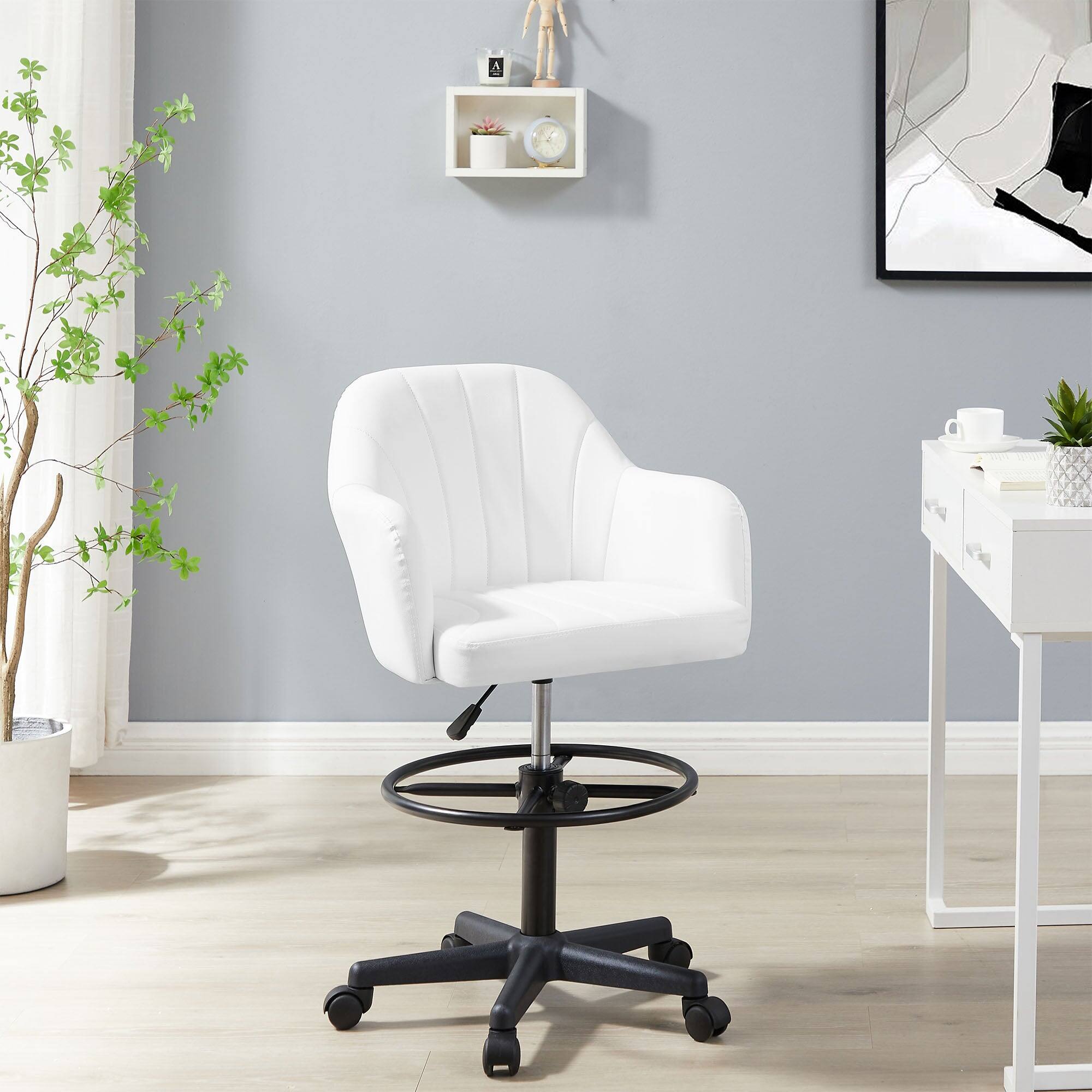 Angle. Vecelo - PU Leather Office Chair with Adjustable Height and Footrest - 330lb Capacity, 360° Swivel, Ergonomic Computer Desk Chair - White.