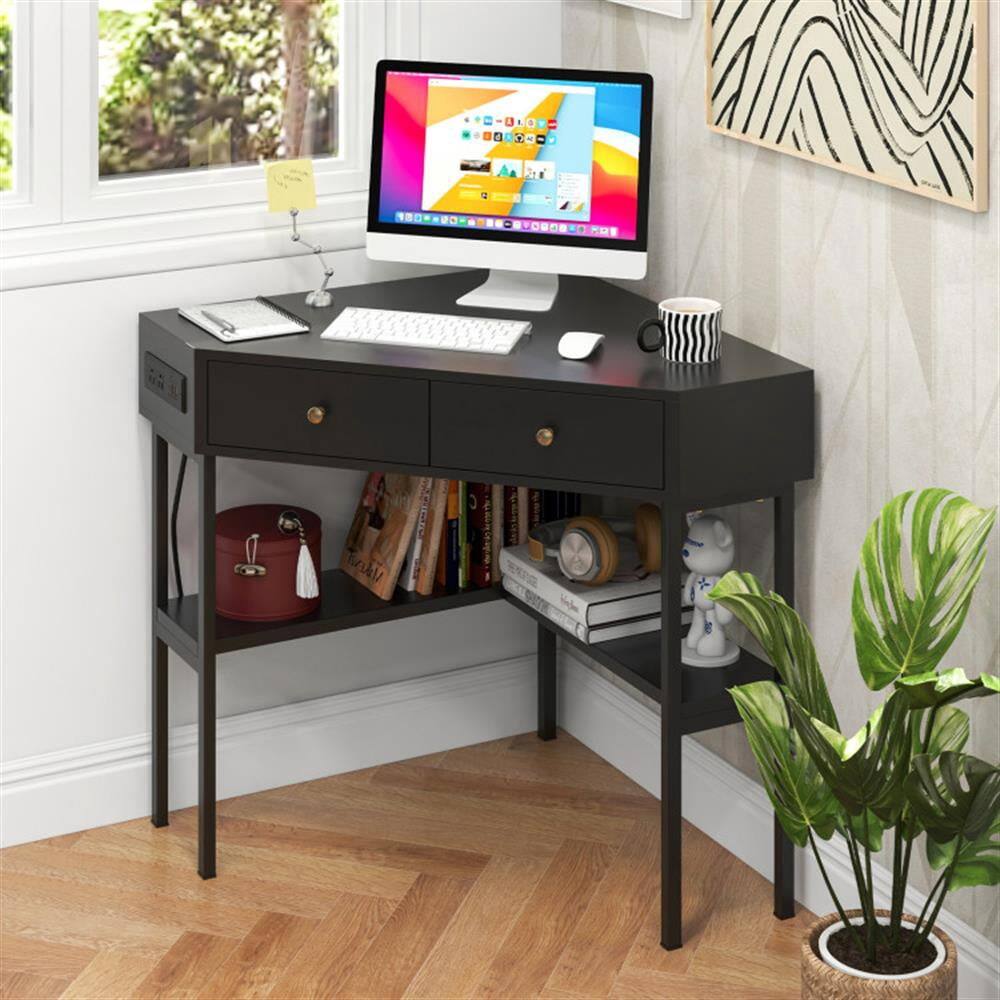 Alt View 1. Pefilos - Triangle Corner Desk with Charging Station with 2 Drawers & Storage Shelf, Small Home Office Desk Study Writing Table - Black.