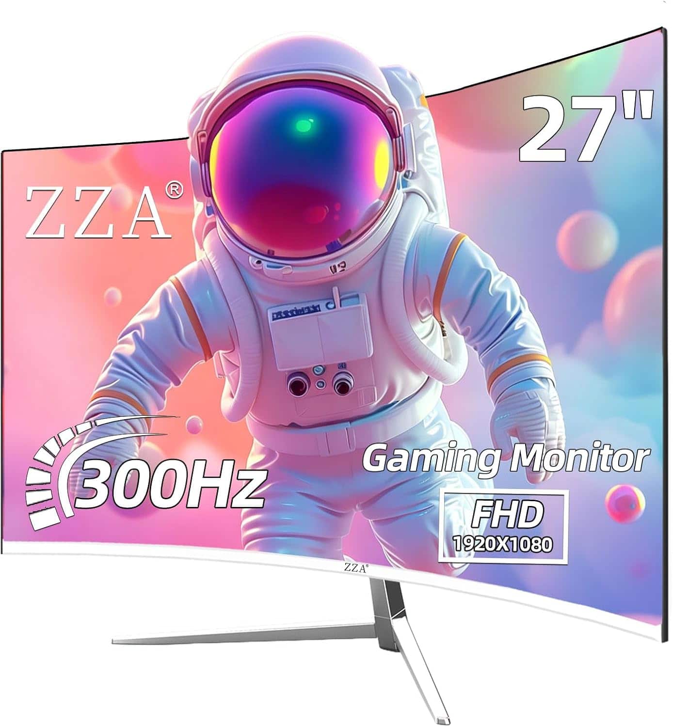 ZZA - 27" Curved Gaming Monitor, 300Hz 1ms 1080P, FreeSync Premium, Flicker-Free Eye Care, HDMI DP, VESA - White