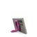 The image shows a purple and white object, which appears to be a phone or tablet, with a purple handle attached to it. The handle is designed to be used with the device, possibly for easier handling or to provide a secure grip. The image is set against a black background, which helps to emphasize the colors and details of the object.