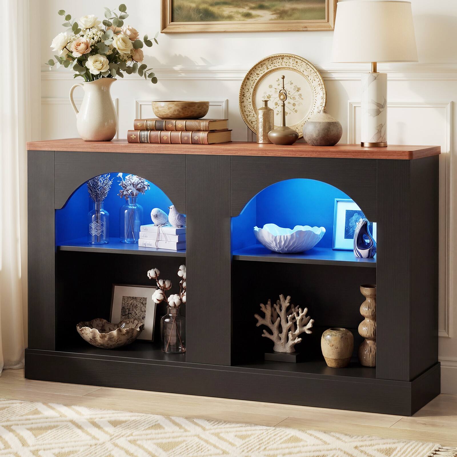 Angle. Aheaplus - 47" Arched Farmhouse LED Console Table - Adjustable Shelves, - Entryway/Hallway/Living Room Storage - Black and Rustic.