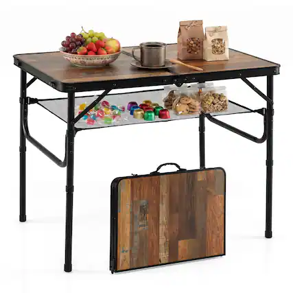 Front. Gymax - Gymax 3 FT Folding Camping Table w/Adjustable Heights Storage Net & Carry Handle - Brown.