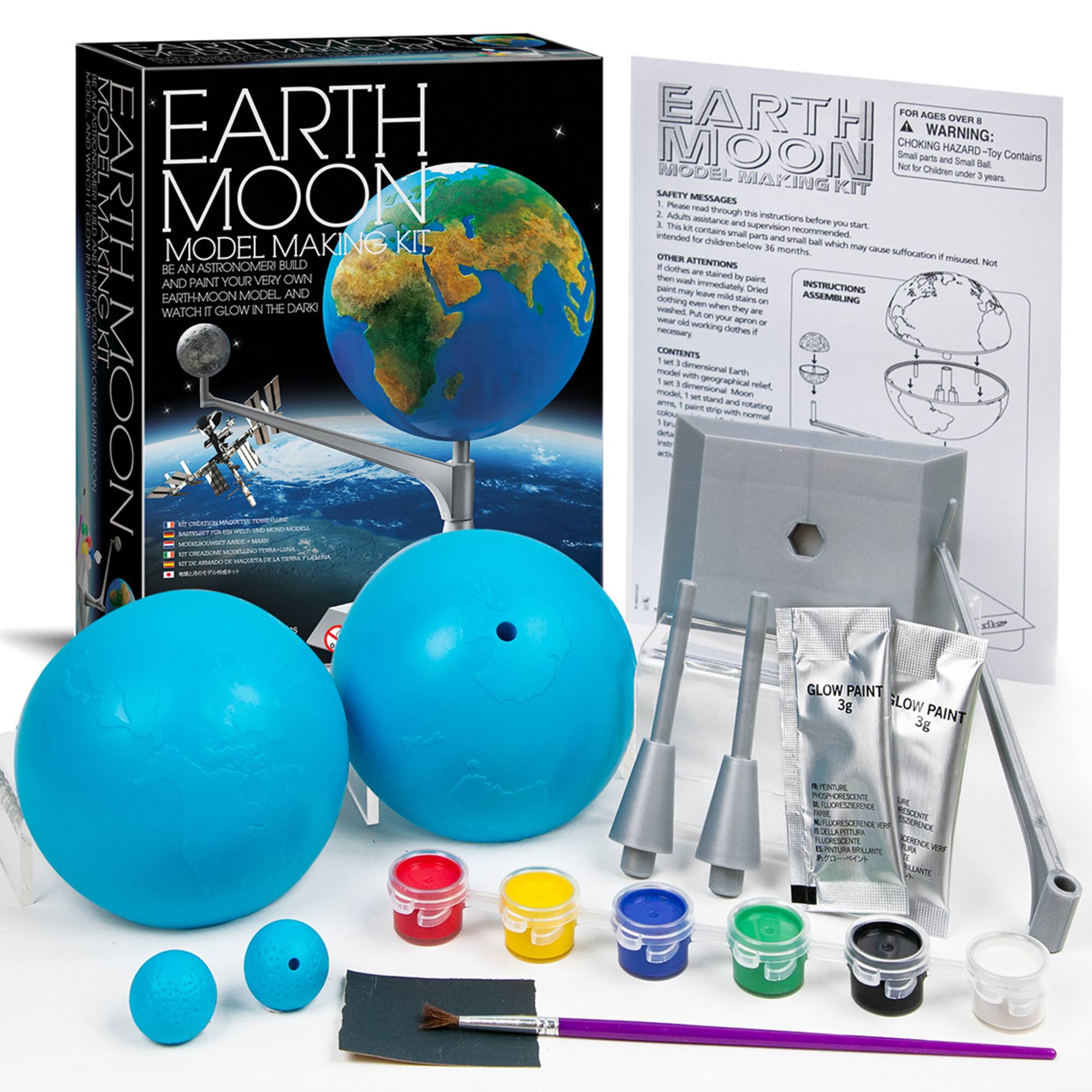 EARTH MOON MODEL MAKING KIT

BE AN ASTRONOMER! BUILD AND PAINT YOUR VERY OWN EARTH-MOON MODEL AND WATCH IT GLOW IN THE DARK!

FOR AGES OVER 8

WARNING: CHOKING HAZARD - Toy Contains Small Parts. Not for Children under 3 years

SAFETY MESSAGES
1. Adults read through the instructions before you start.
2. This kit contains small parts and small ball which may cause suffocation if misused. Not for children under 3 years.
3. If paint gets on your clothes, wash them immediately. Do not wash in a washing machine. If paint gets on your skin, wash it off with soap and water.

OTHER ATTENTIONS
1. Do not paint the model with paint that may cause skin irritation.
2. Do not paint the model with paint that may cause skin irritation.

INSTRUCTIONS - ASSEMBLING

CONTENTS
1. 1 set 3D dimensional Earth
2. 1 set 3D dimensional Moon
3. 1 stand and rotating arm
4. 1 set stand and rotating arm
5. 1 set stand and rotating arm
6. 1 set stand and rotating arm
7