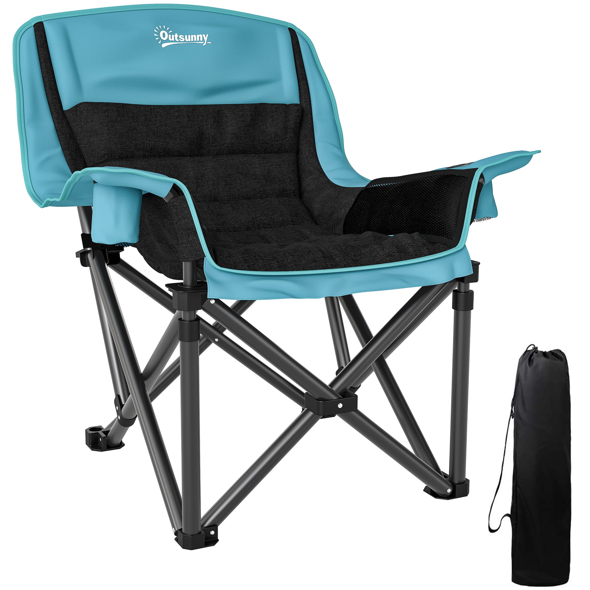 Outsunny - Padded Camping Chair for Adults, Portable Folding Camping Chair with Side Pockets, Cup Holders, and Carry Bag - Black