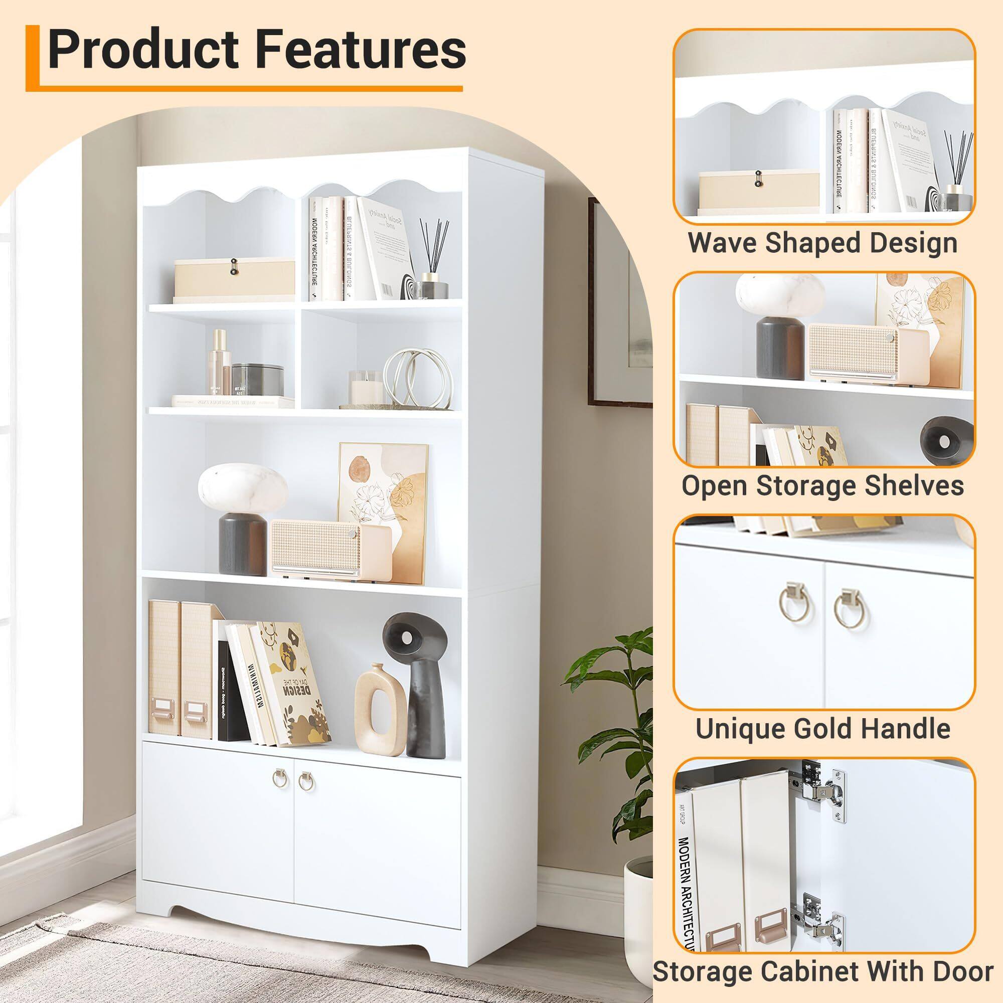 Product Features

- Wave Shaped Design
- Open Storage Shelves
- Unique Gold Handle
- Storage Cabinet With Door