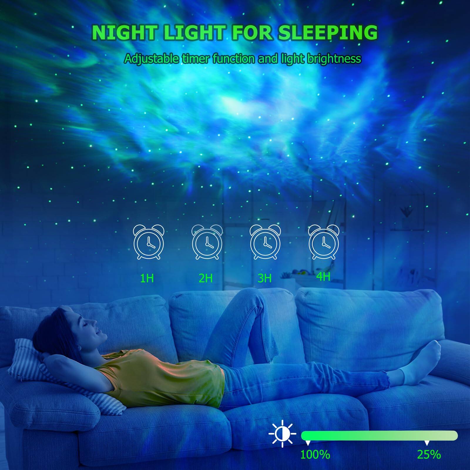 NIGHT LIGHT FOR SLEEPING

Adjustable timer function and light brightness

1H 2H 3H 4H

100% 25%